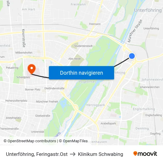 Unterföhring, Feringastr.Ost to Klinikum Schwabing map
