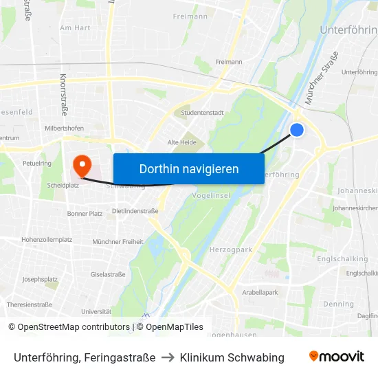 Unterföhring, Feringastraße to Klinikum Schwabing map