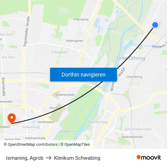 Ismaning, Agrob to Klinikum Schwabing map
