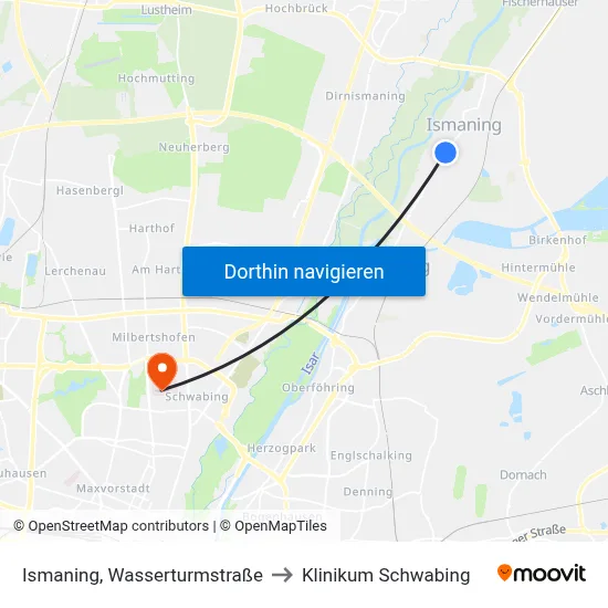 Ismaning, Wasserturmstraße to Klinikum Schwabing map