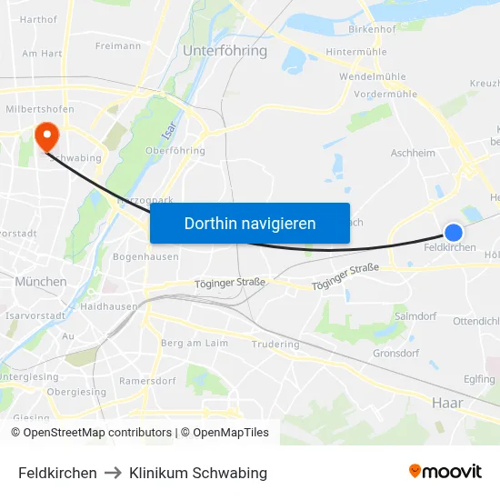 Feldkirchen to Klinikum Schwabing map