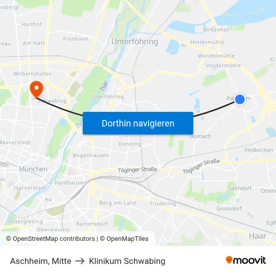 Aschheim, Mitte to Klinikum Schwabing map