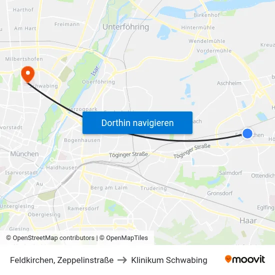 Feldkirchen, Zeppelinstraße to Klinikum Schwabing map