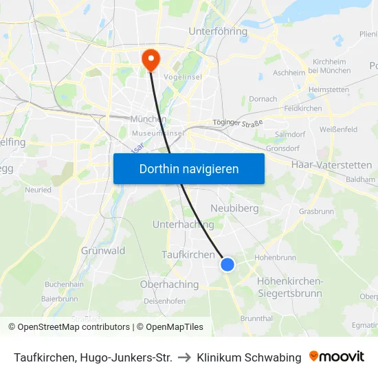 Taufkirchen, Hugo-Junkers-Str. to Klinikum Schwabing map