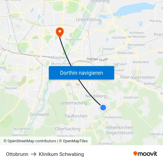 Ottobrunn to Klinikum Schwabing map