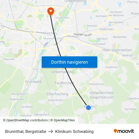 Brunnthal, Bergstraße to Klinikum Schwabing map