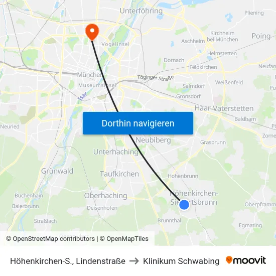 Höhenkirchen-S., Lindenstraße to Klinikum Schwabing map