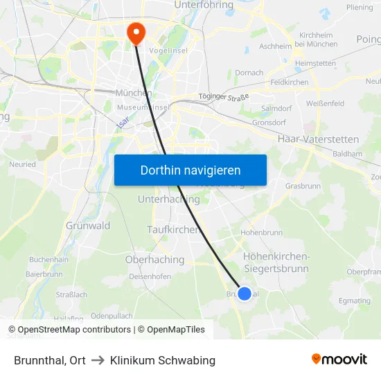 Brunnthal, Ort to Klinikum Schwabing map