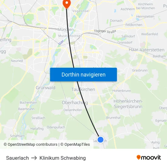 Sauerlach to Klinikum Schwabing map