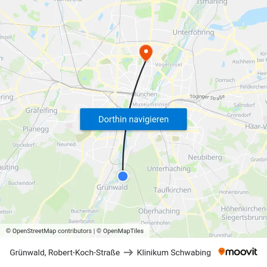 Grünwald, Robert-Koch-Straße to Klinikum Schwabing map
