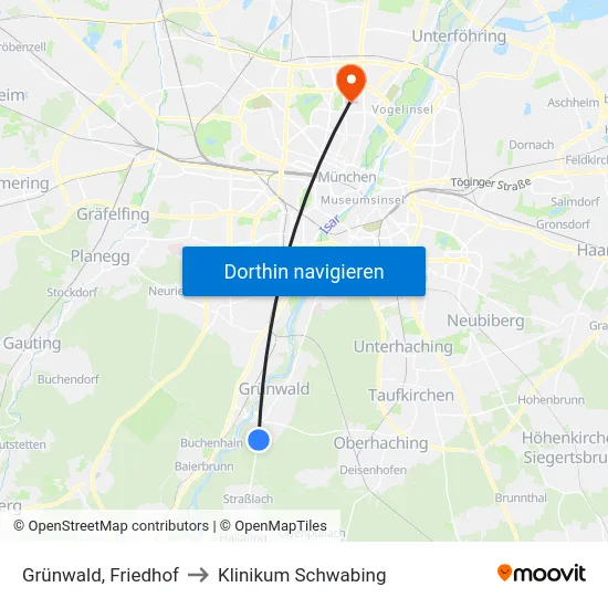 Grünwald, Friedhof to Klinikum Schwabing map
