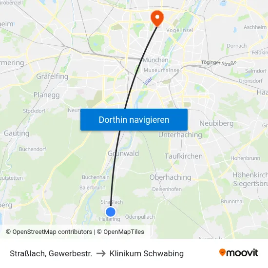 Straßlach, Gewerbestr. to Klinikum Schwabing map