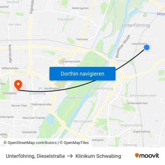 Unterföhring, Dieselstraße to Klinikum Schwabing map