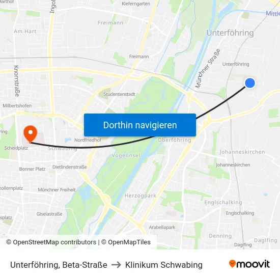 Unterföhring, Beta-Straße to Klinikum Schwabing map