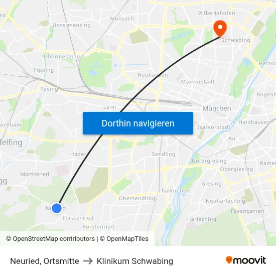Neuried, Ortsmitte to Klinikum Schwabing map