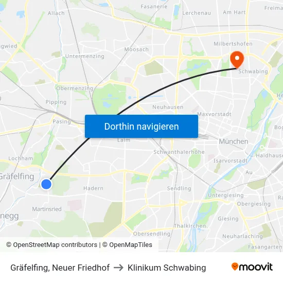 Gräfelfing, Neuer Friedhof to Klinikum Schwabing map