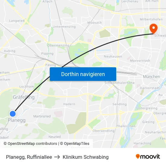 Planegg, Ruffiniallee to Klinikum Schwabing map