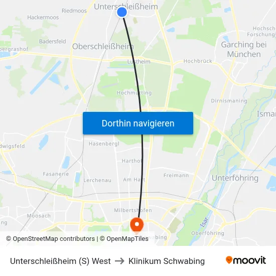 Unterschleißheim (S) West to Klinikum Schwabing map