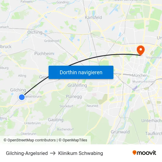 Gilching-Argelsried to Klinikum Schwabing map