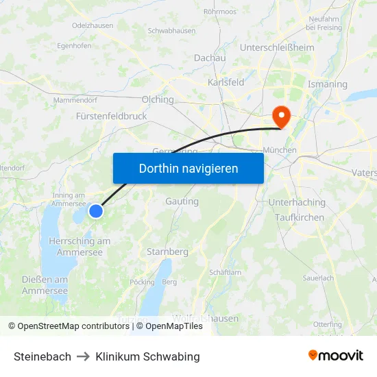 Steinebach to Klinikum Schwabing map