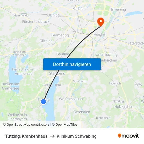Tutzing, Krankenhaus to Klinikum Schwabing map