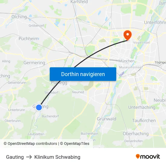 Gauting to Klinikum Schwabing map
