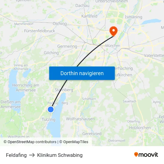 Feldafing to Klinikum Schwabing map