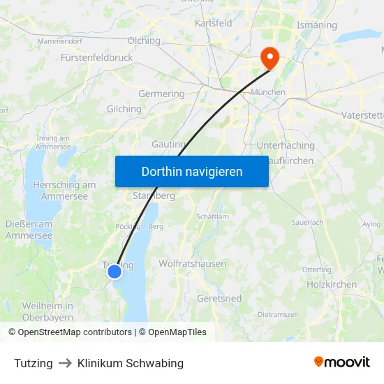 Tutzing to Klinikum Schwabing map