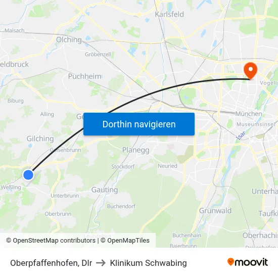 Oberpfaffenhofen, Dlr to Klinikum Schwabing map