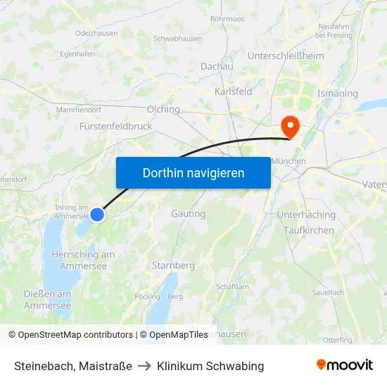 Steinebach, Maistraße to Klinikum Schwabing map