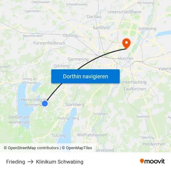 Frieding to Klinikum Schwabing map
