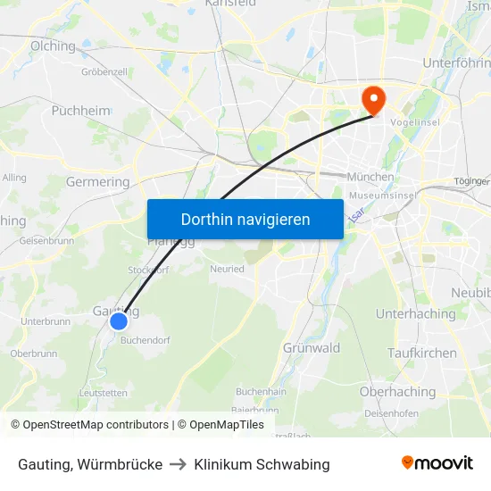Gauting, Würmbrücke to Klinikum Schwabing map