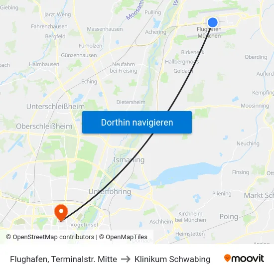 Flughafen, Terminalstr. Mitte to Klinikum Schwabing map