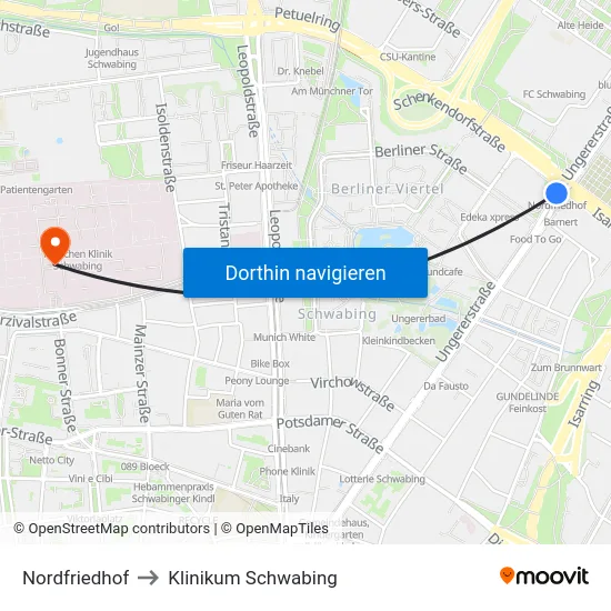 Nordfriedhof to Klinikum Schwabing map