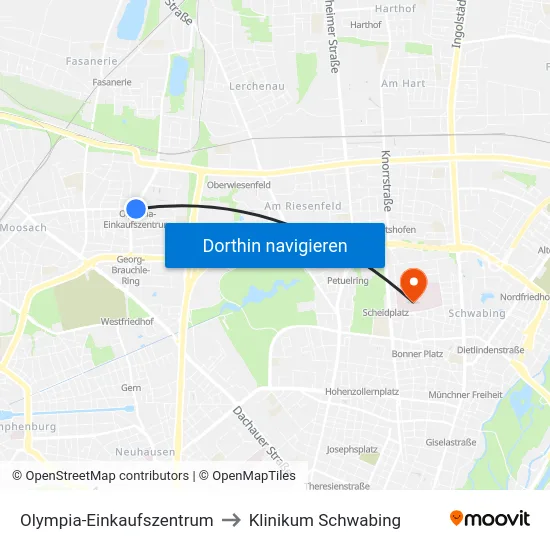 Olympia-Einkaufszentrum to Klinikum Schwabing map