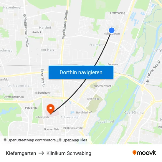 Kieferngarten to Klinikum Schwabing map
