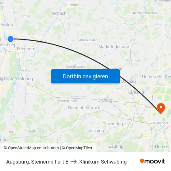 Augsburg, Steinerne Furt E to Klinikum Schwabing map
