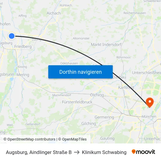 Augsburg, Aindlinger Straße B to Klinikum Schwabing map