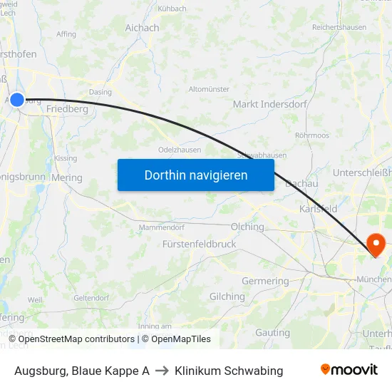 Augsburg, Blaue Kappe A to Klinikum Schwabing map