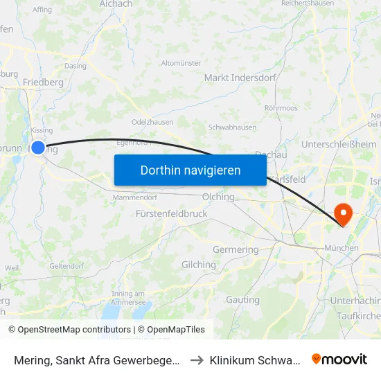 Mering, Sankt Afra Gewerbegebiet E to Klinikum Schwabing map