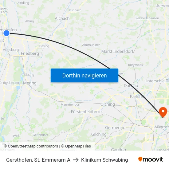 Gersthofen, St. Emmeram A to Klinikum Schwabing map