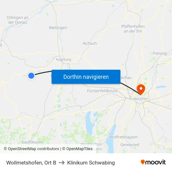Wollmetshofen, Ort B to Klinikum Schwabing map