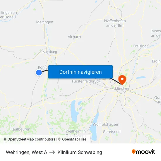 Wehringen, West A to Klinikum Schwabing map