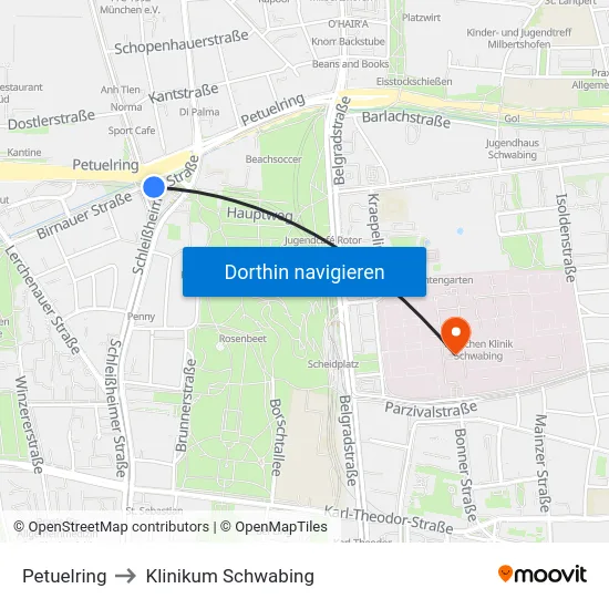 Petuelring to Klinikum Schwabing map