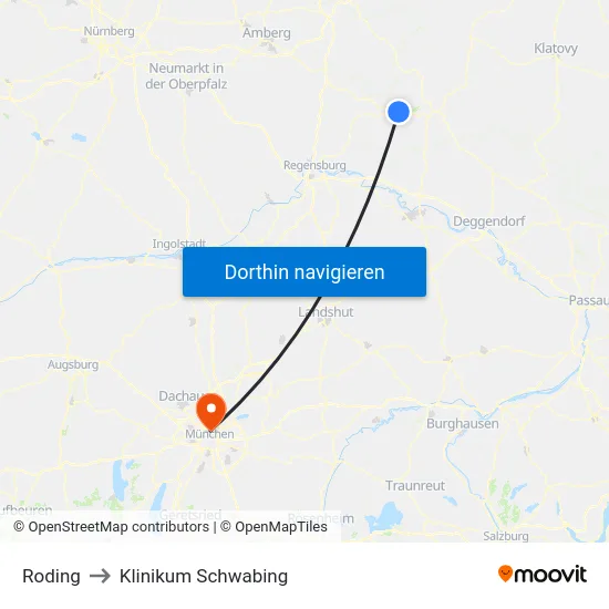 Roding to Klinikum Schwabing map