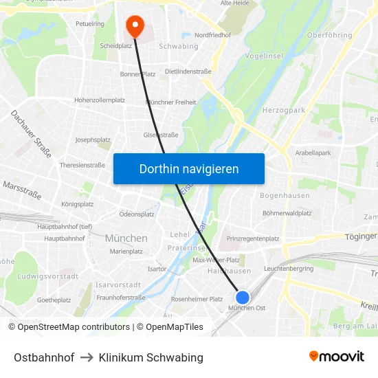 Ostbahnhof to Klinikum Schwabing map