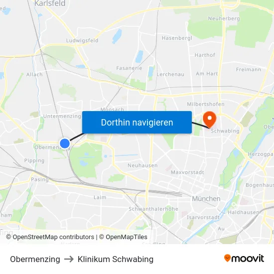 Obermenzing to Klinikum Schwabing map