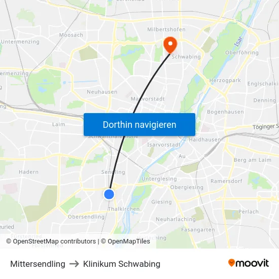 Mittersendling to Klinikum Schwabing map