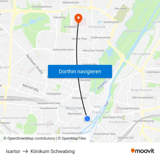 Isartor to Klinikum Schwabing map