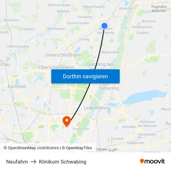 Neufahrn to Klinikum Schwabing map